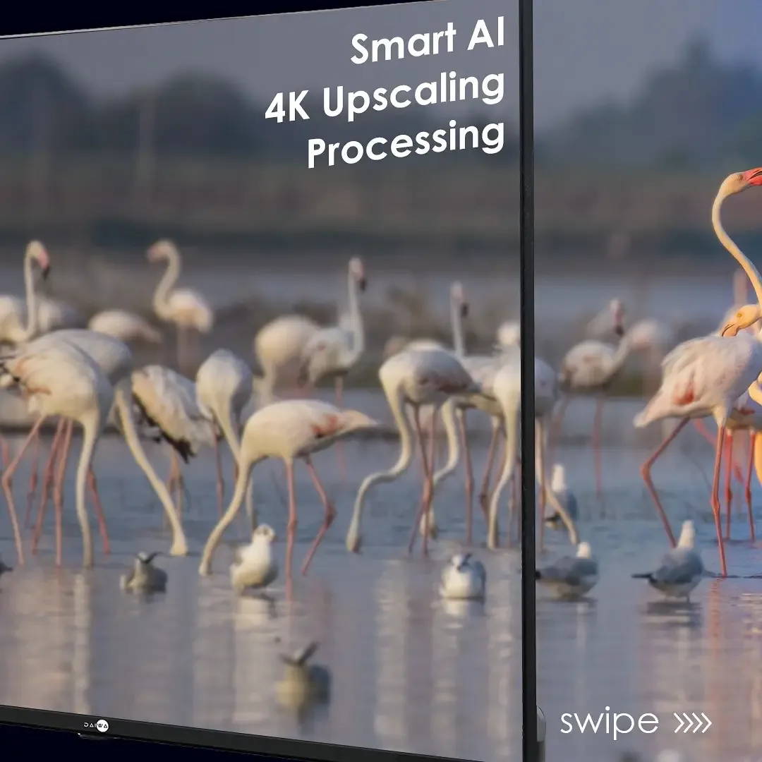 Flamingos on a lake filling a TV screen, with the label 'Smart AI 4K Upscaling Processing' and a swipe prompt