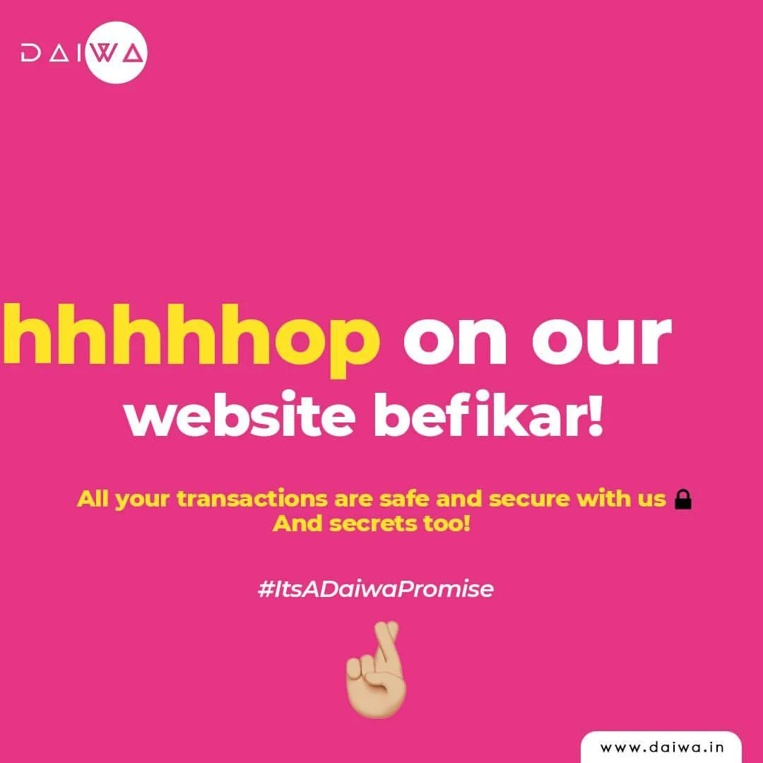 Pink slide reading 'hhhhhop on our website befikar!', promising safe and secure transactions, with #ItsADaiwaPromise and a crossed-fingers emoji