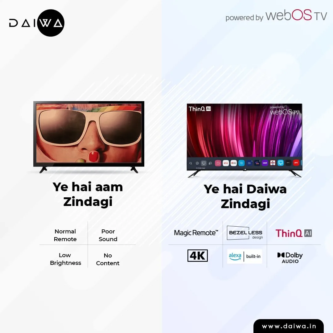 'Ye hai aam zindagi' versus 'Ye hai Daiwa zindagi': a plain TV with weak specs beside a webOS TV with feature logos