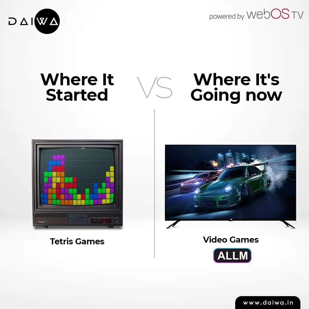 Retro CRT TV playing Tetris beside a modern TV showing a night racing game, labelled 'Tetris Games' and 'Video Games', ALLM badge