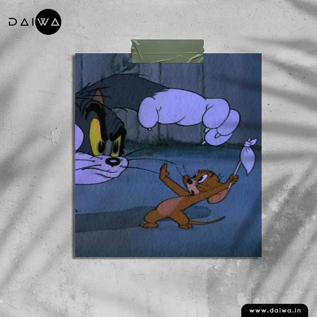 Taped-on cartoon still: a grey cat raises a fist while a small brown mouse waves a white flag