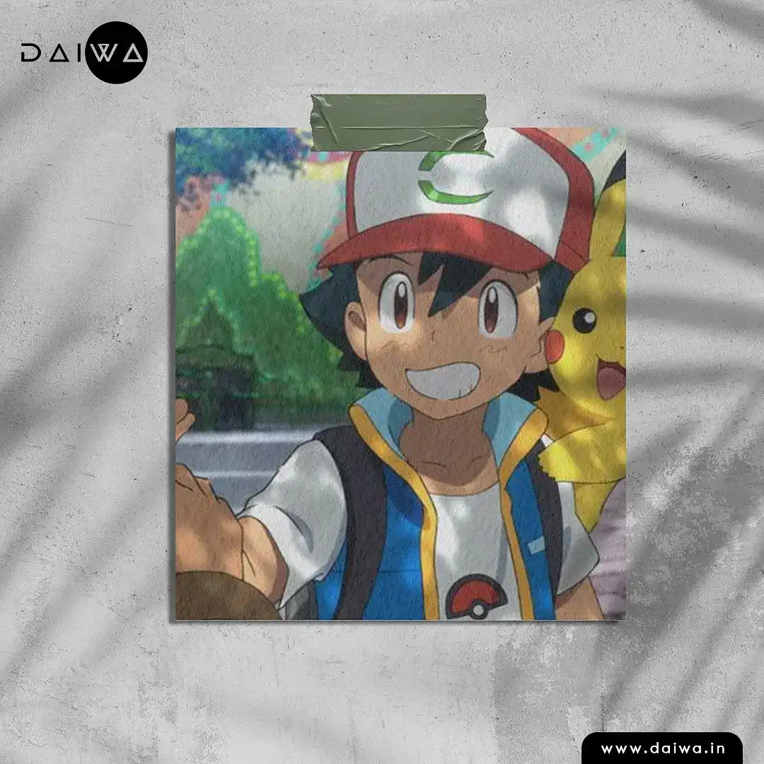 Taped-on anime still of a smiling boy in a red and white cap, with a yellow creature peeking over his shoulder