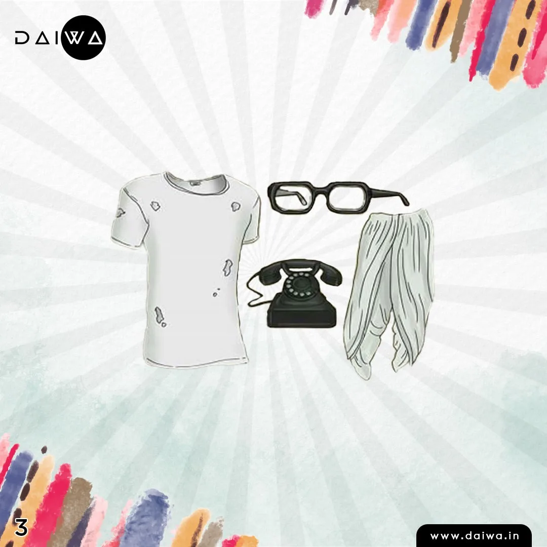 Quiz slide numbered 3: a worn white T-shirt, thick black glasses, a black rotary telephone and baggy white trousers