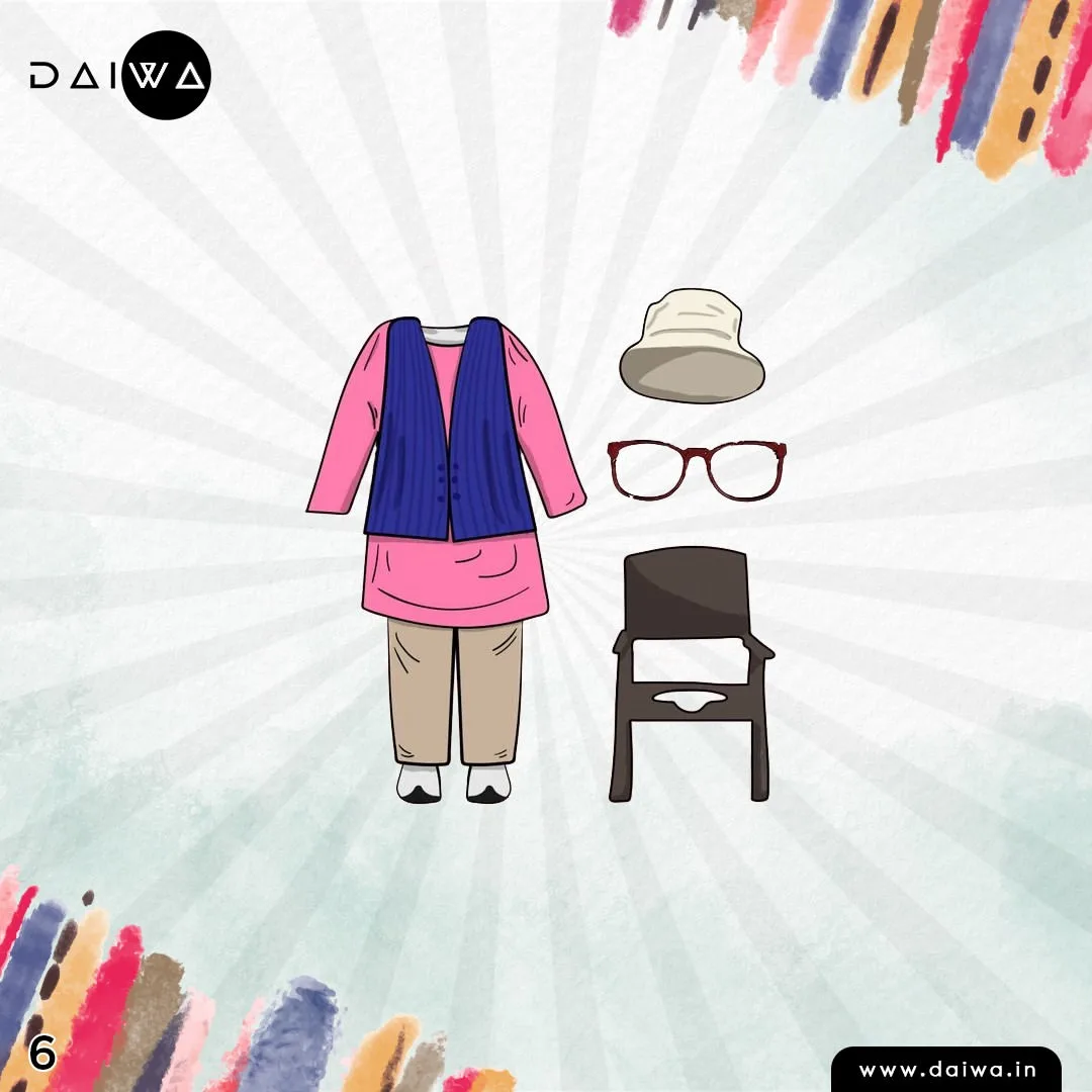 Quiz slide numbered 6: pink kurta with blue waistcoat, beige trousers, cream bucket hat, red-framed glasses and a brown chair