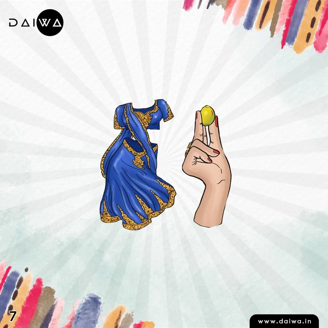 Quiz slide numbered 7: a blue saree with gold border and a hand holding a small yellow lemon