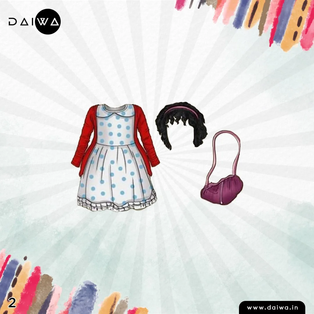 Quiz slide numbered 2: a polka-dot dress with red cardigan, a black curly hairpiece and a purple shoulder bag