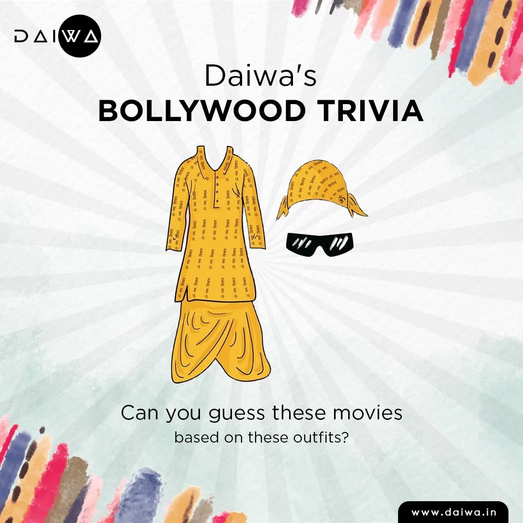 Slide titled 'Daiwa's Bollywood Trivia': yellow kurta, dhoti, bandana and sunglasses, asking 'Can you guess these movies based on these outfits?'