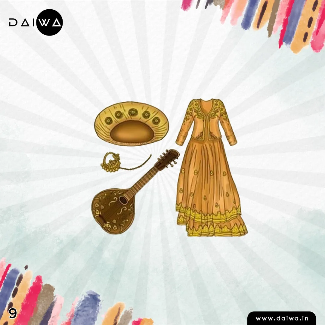 Quiz slide numbered 9: an embroidered golden lehenga with jacket, an ornate golden headpiece, jewelry and a lute-like instrument