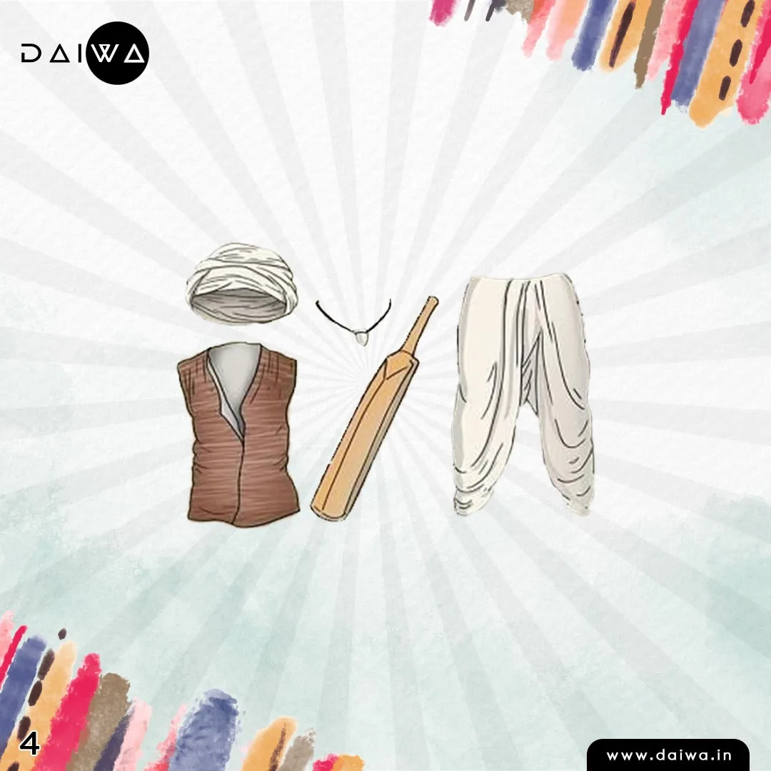 Quiz slide numbered 4: a white turban, brown waistcoat, cricket bat, pendant necklace and white dhoti