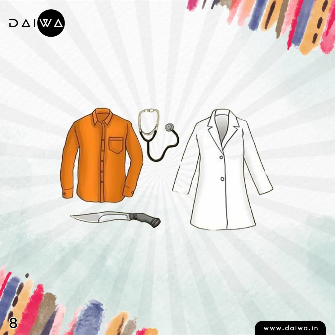 Quiz slide numbered 8: an orange shirt, a stethoscope, a white doctor's coat and a curved-blade knife