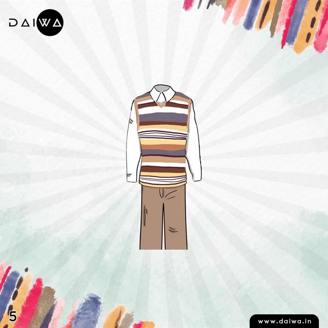 Quiz slide numbered 5: a striped knitted vest over a white collared shirt with brown trousers