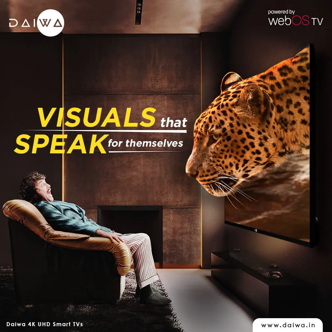 Startled man in an armchair as a leopard bursts from a wall-mounted TV, headline 'Visuals that speak for themselves'