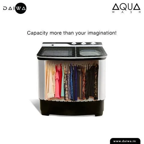 Aqua Wash washing machine opened to show a rail of clothes hanging inside; 'Capacity more than your imagination!'