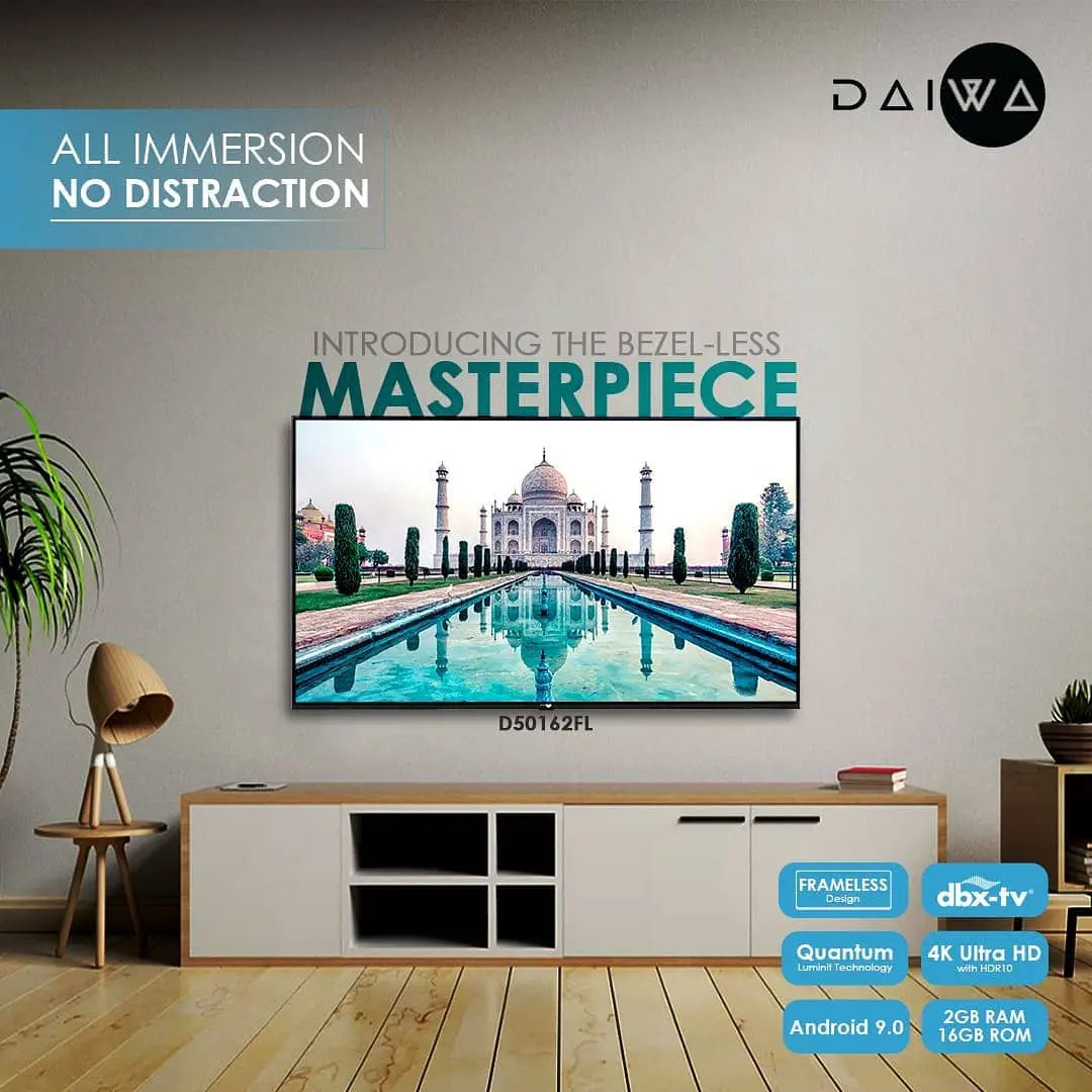 Bezel-less Daiwa TV on a living room wall showing the Taj Mahal, headline 'Introducing the bezel-less masterpiece', with spec badges