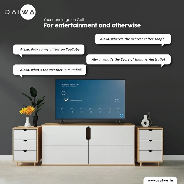 TV on a white cabinet showing a Mumbai weather forecast, with Alexa voice-command bubbles; 'Your concierge on call'
