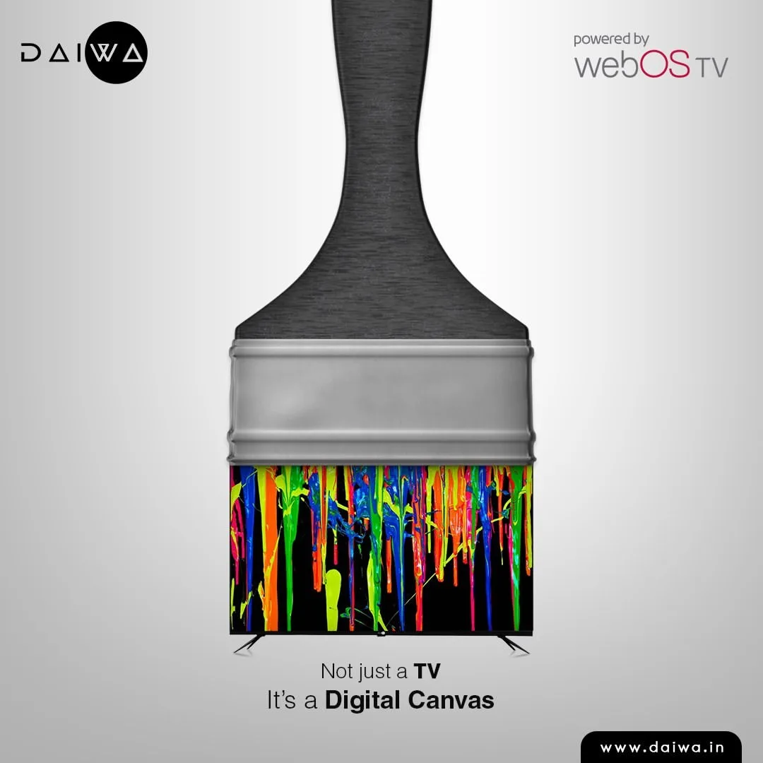 Paintbrush whose bristles are a TV screen dripping neon paint, with the line 'Not just a TV, it's a Digital Canvas'
