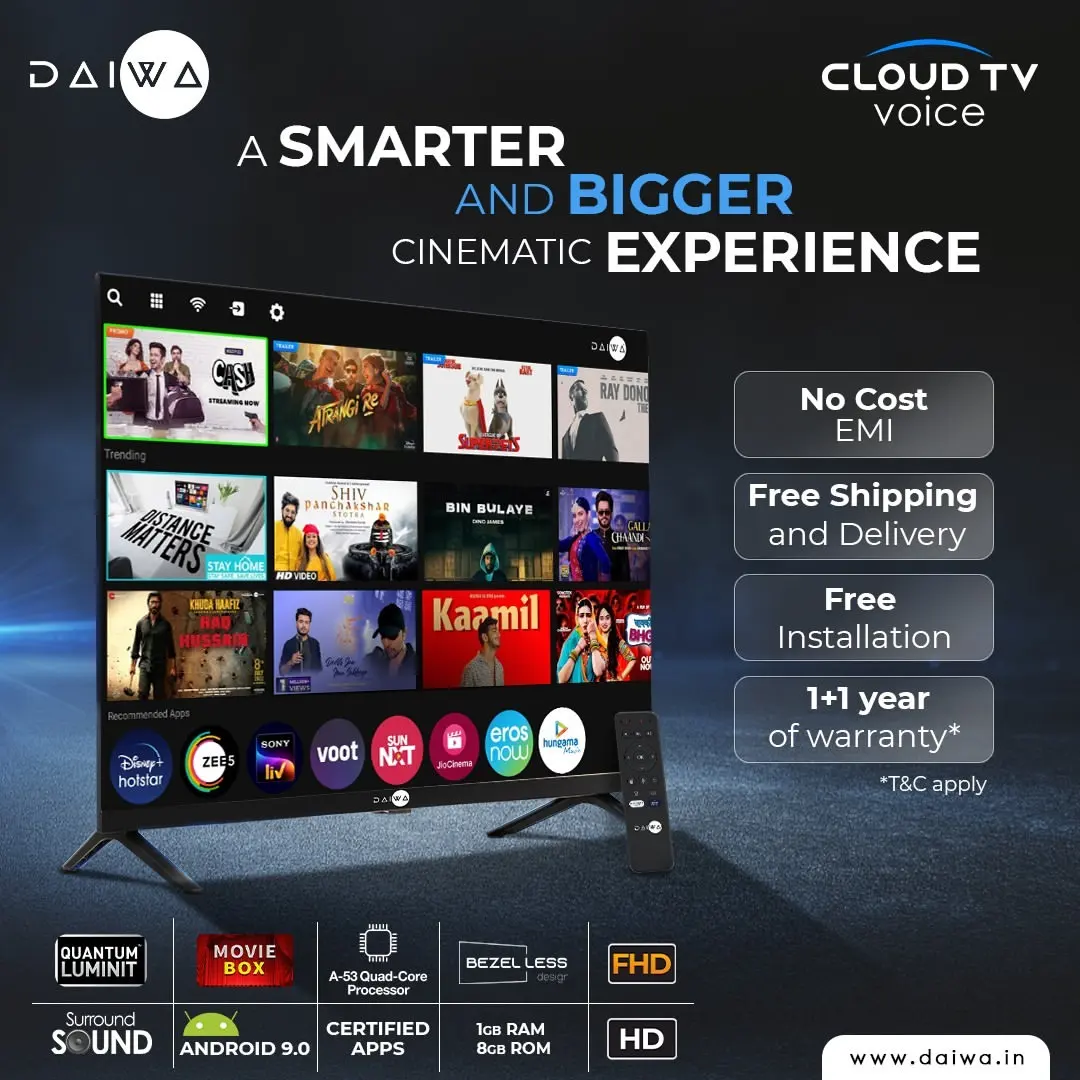Smart TV with streaming app grid and remote, headline 'A smarter and bigger cinematic experience', plus EMI, shipping and warranty offers