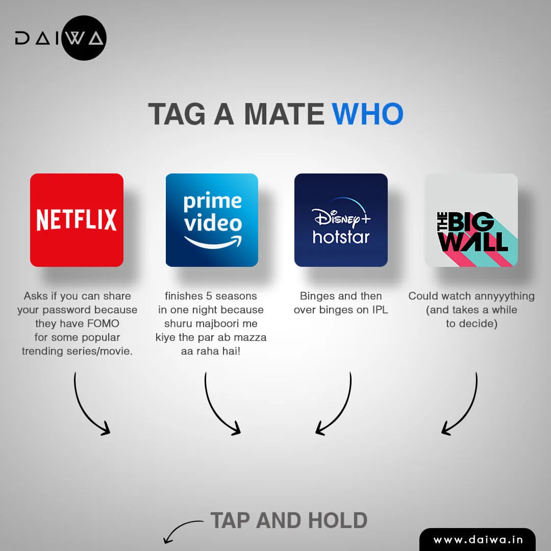 'Tag a mate who' post: Netflix, Prime Video, Disney+ Hotstar and The Big Wall app icons, each with a viewing-habit joke