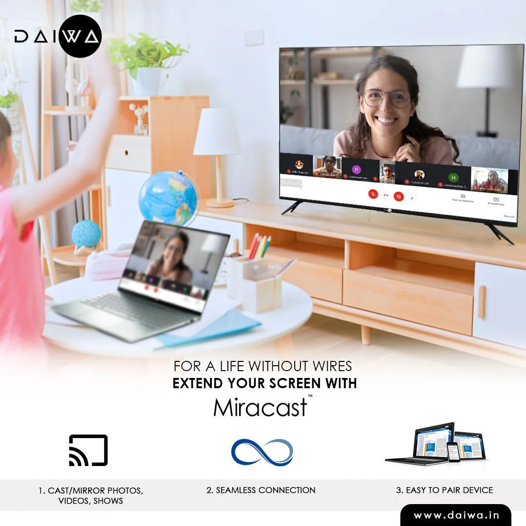 Child waves at a laptop and TV both showing a video call; 'For a life without wires, extend your screen with Miracast'