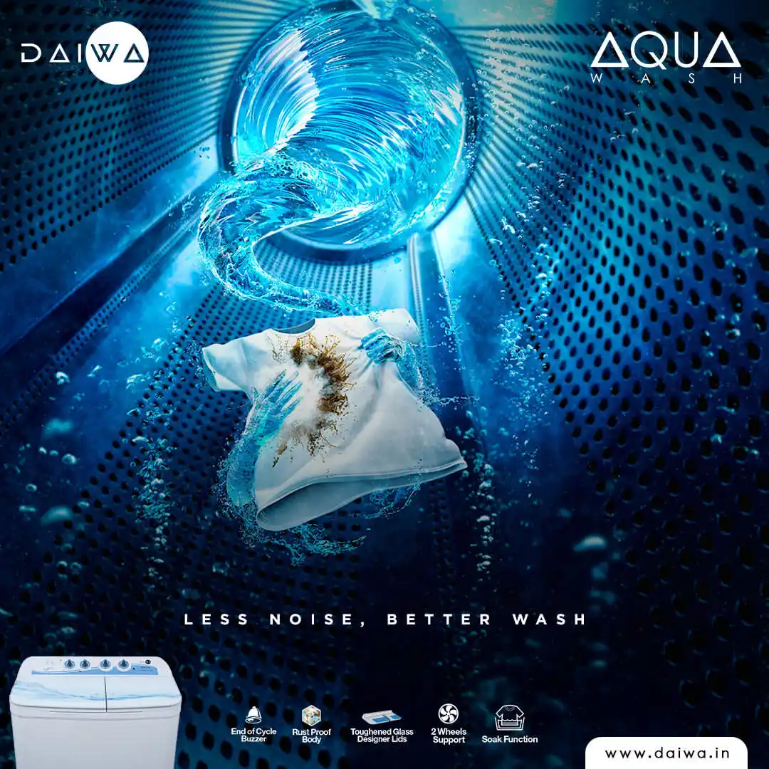 Stained white T-shirt cleaned by a swirl of water inside a washer drum; 'Less noise, better wash', Aqua Wash