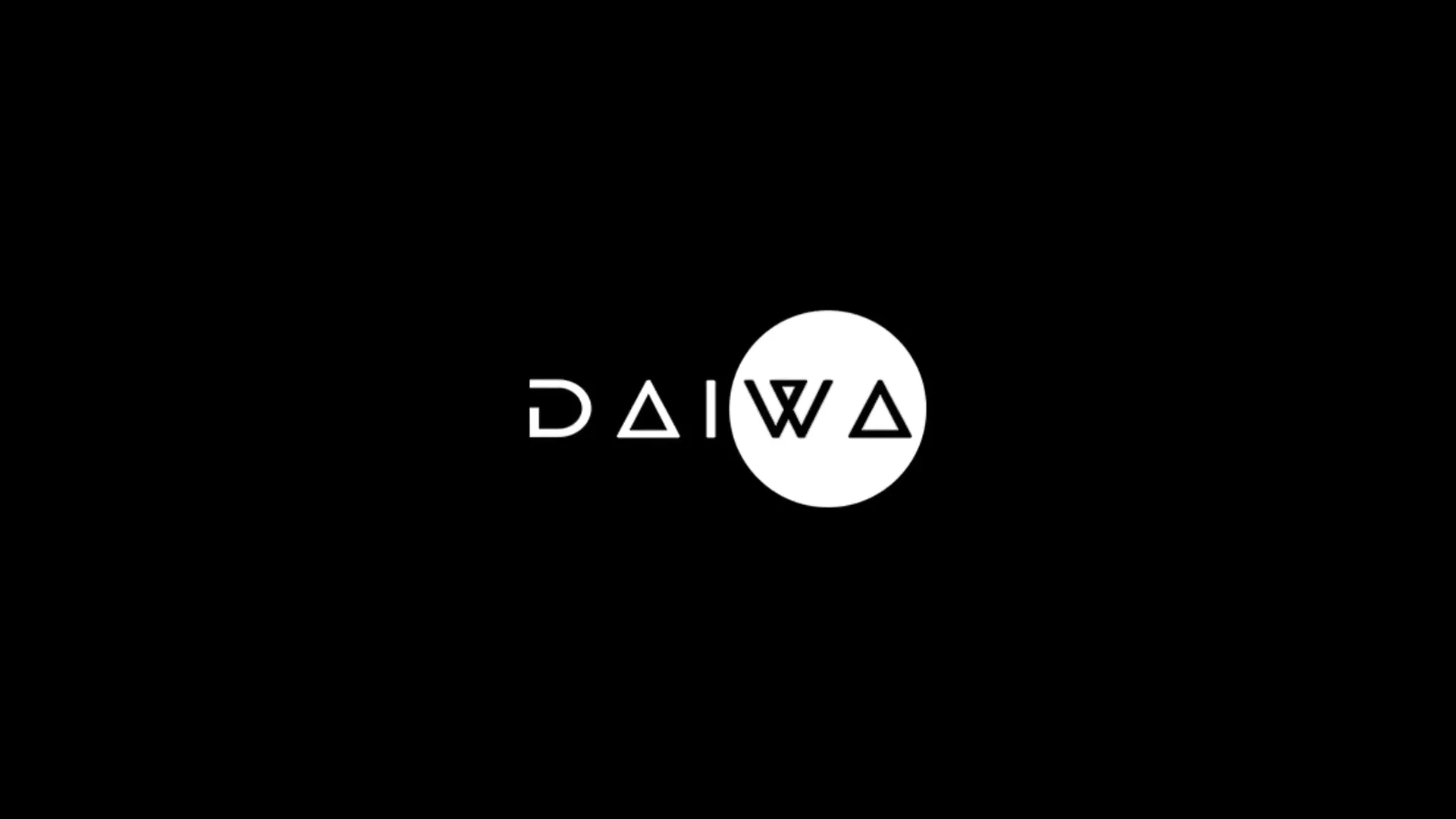 White Daiwa wordmark with a white circle behind the W, centered on a plain black background