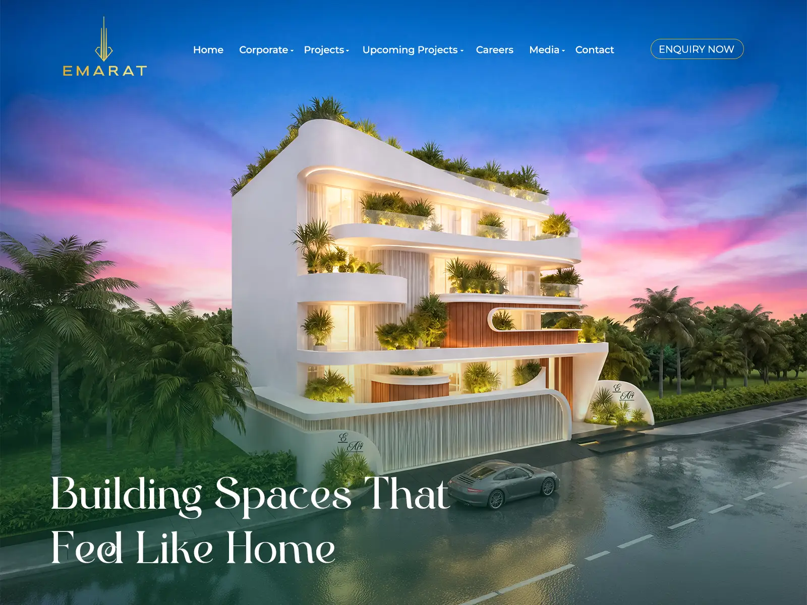 Emarat Realty homepage hero: "Building Spaces That Feel Like Home"