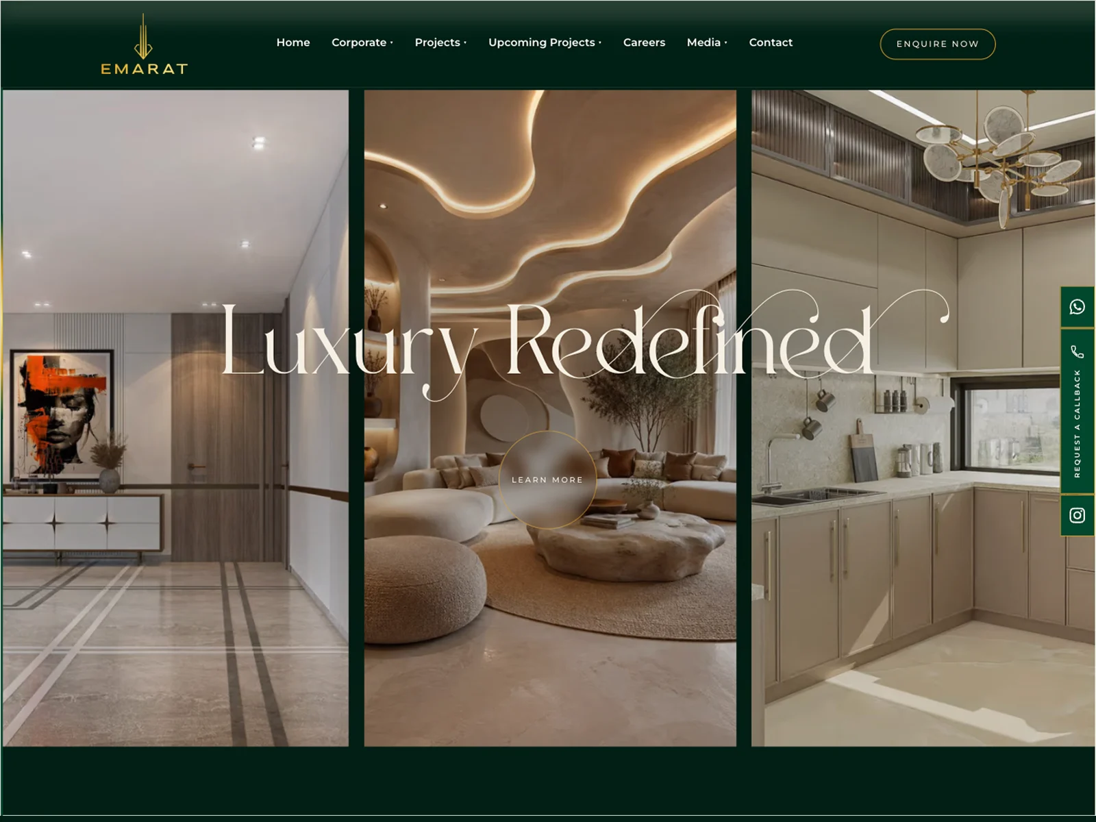 "Luxury Redefined" interior triptych with a Learn More call to action