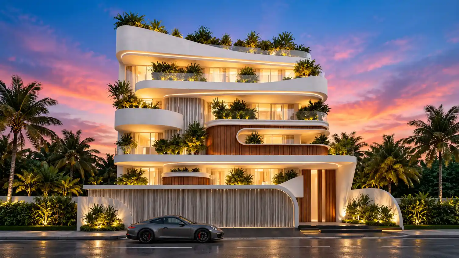 A curved luxury residential building with lush landscaping at dusk