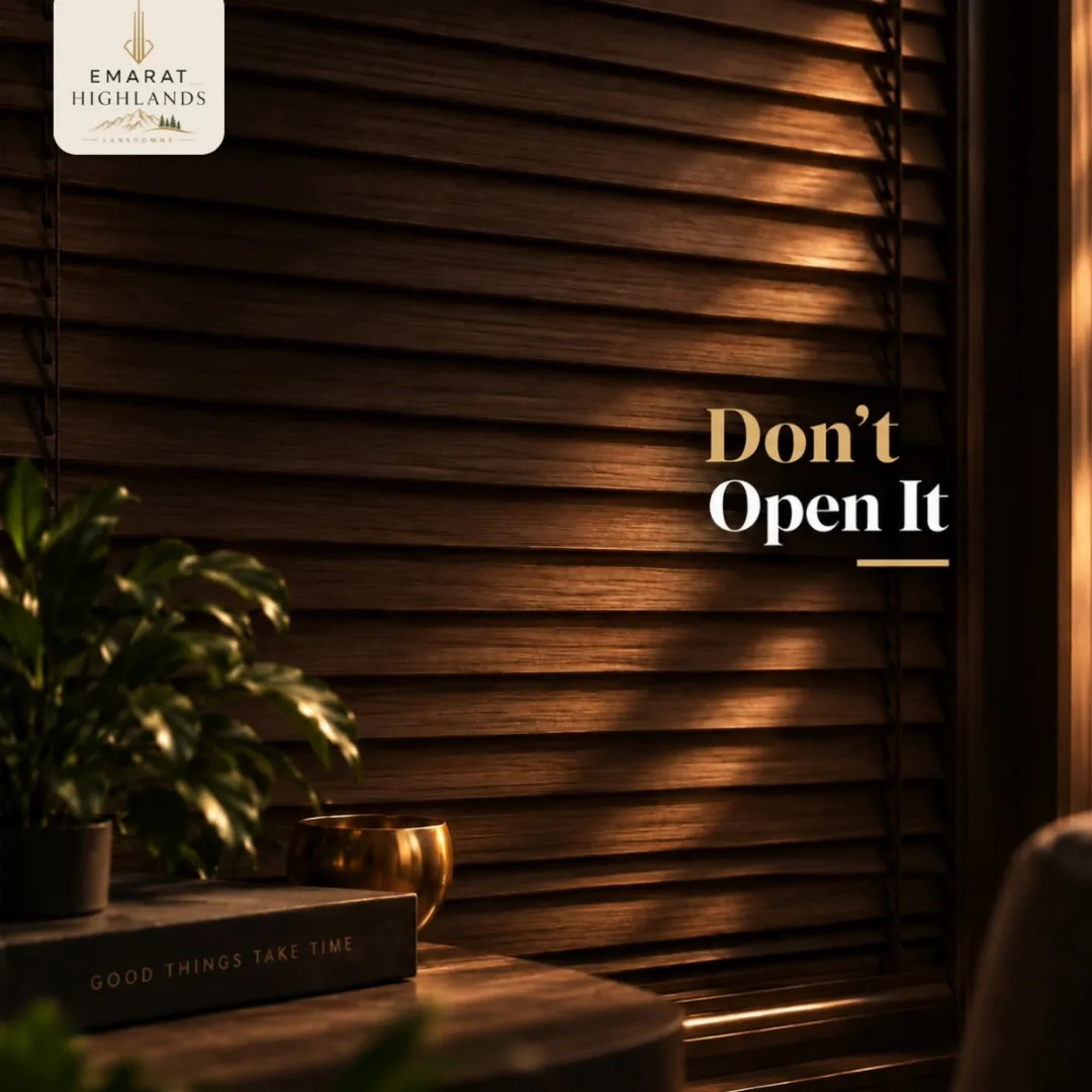 Closed wooden window blinds beside a plant and a brass bowl on a book, text "Don't Open It"