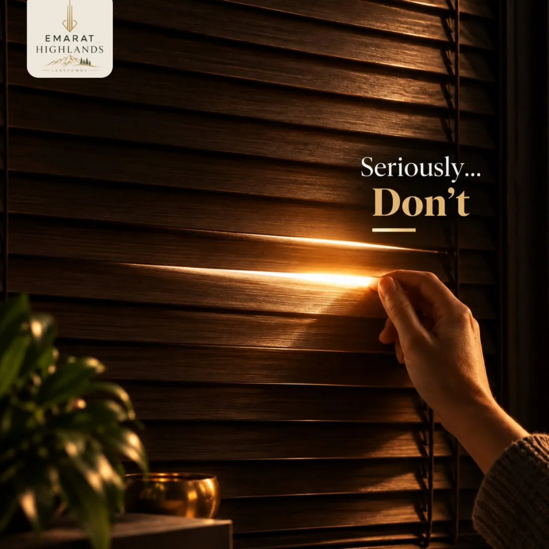 Hand lifting a slat of the wooden blinds so a beam of golden light slips through, text "Seriously... Don't"