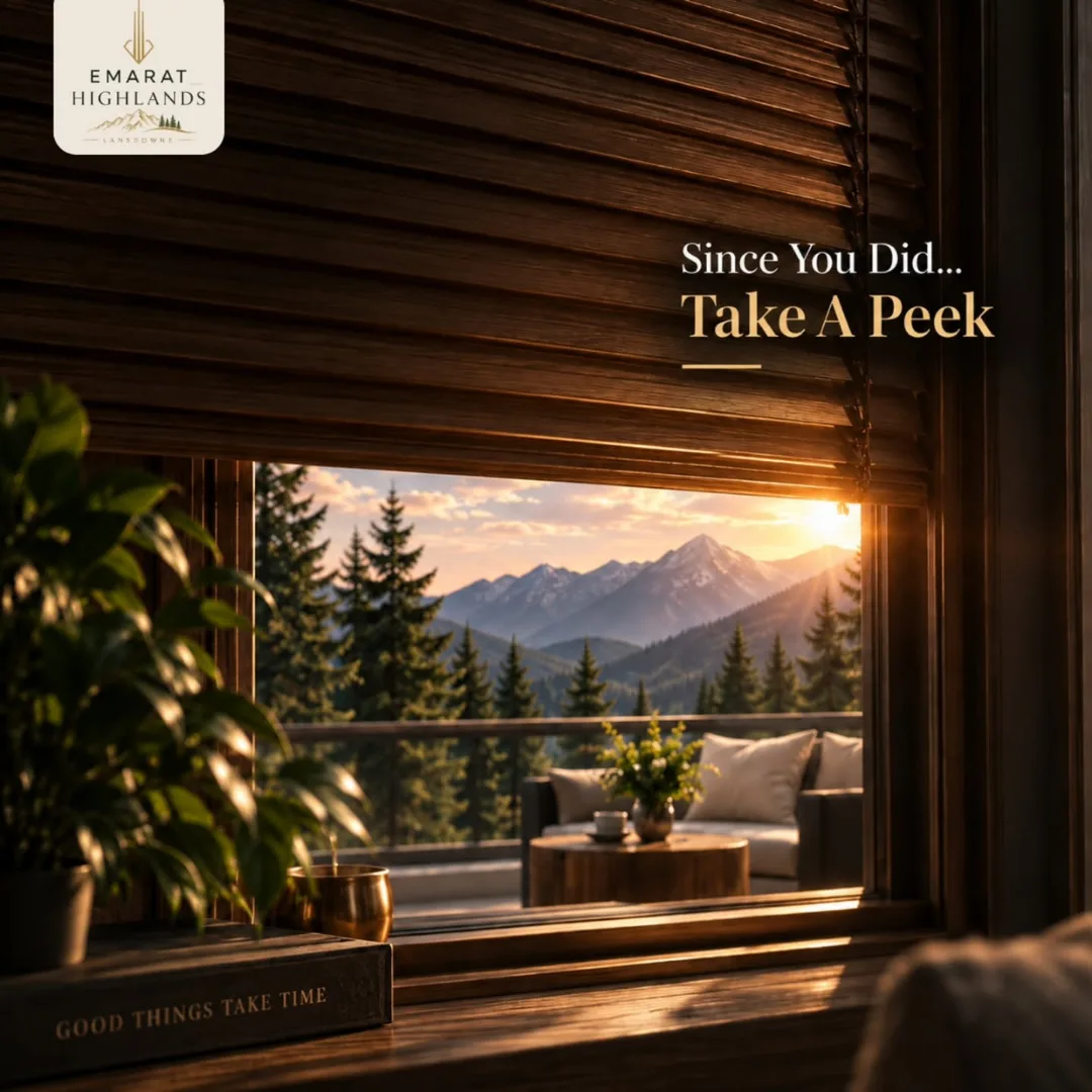 Blinds raised to show a sunset mountain view and a balcony sofa, text "Since You Did... Take A Peek"