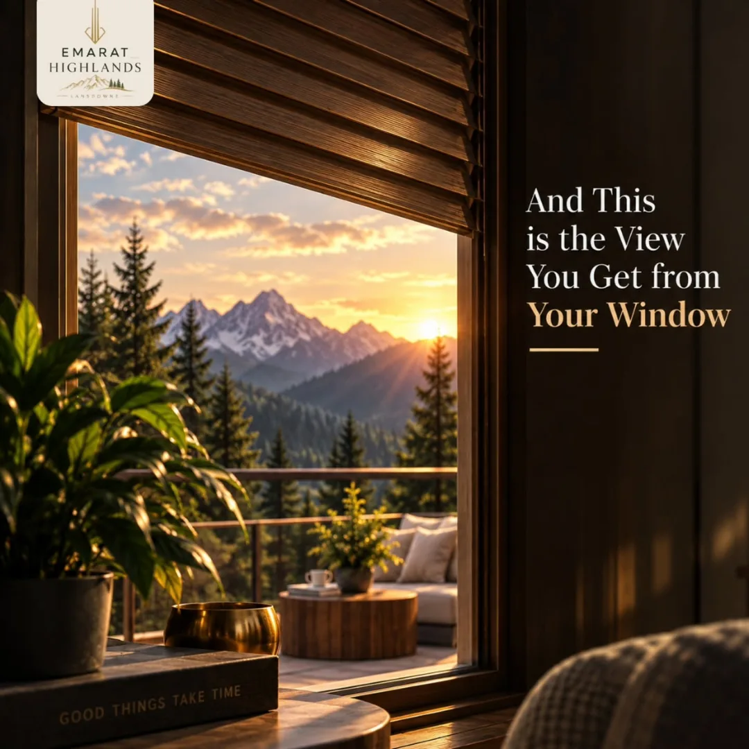 Sunset over snow-capped peaks seen through an open window, text "And This is the View You Get from Your Window"