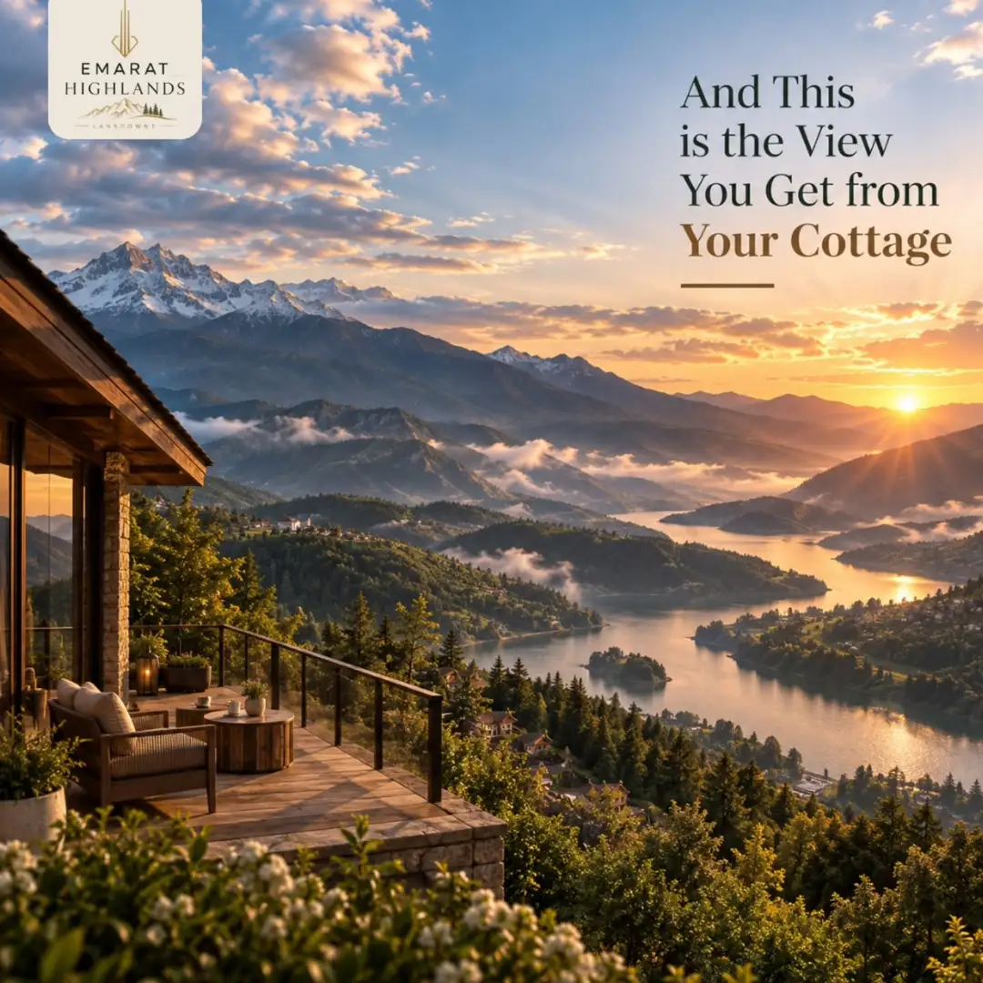 Wooden cottage deck above a lake valley and mountains at sunset, "And This is the View You Get from Your Cottage"