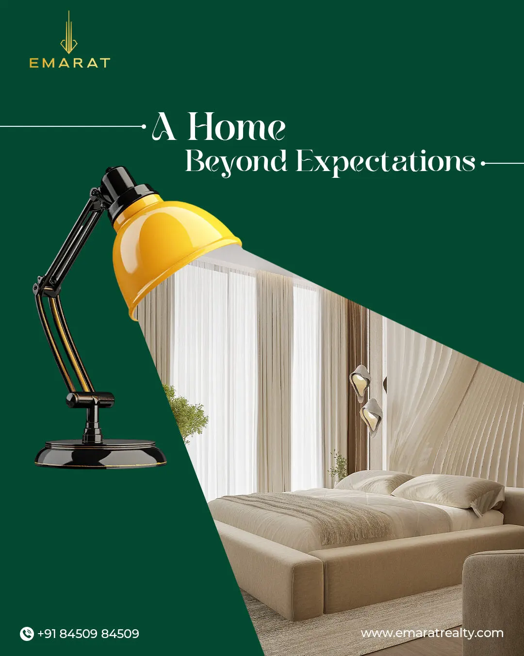 Yellow desk lamp shining a beam onto a cream bedroom on a green background, headline "A Home Beyond Expectations"
