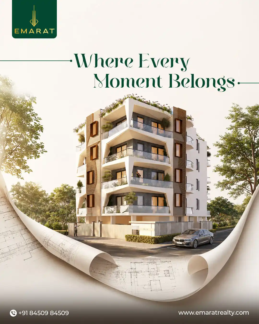 Apartment building with timber-clad balconies curling out of rolled floor plans, headline "Where Every Moment Belongs"