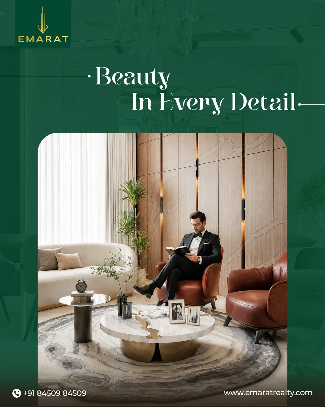 Man in a tuxedo reading in a leather armchair in a wood-panelled lounge, on green, headline "Beauty In Every Detail"