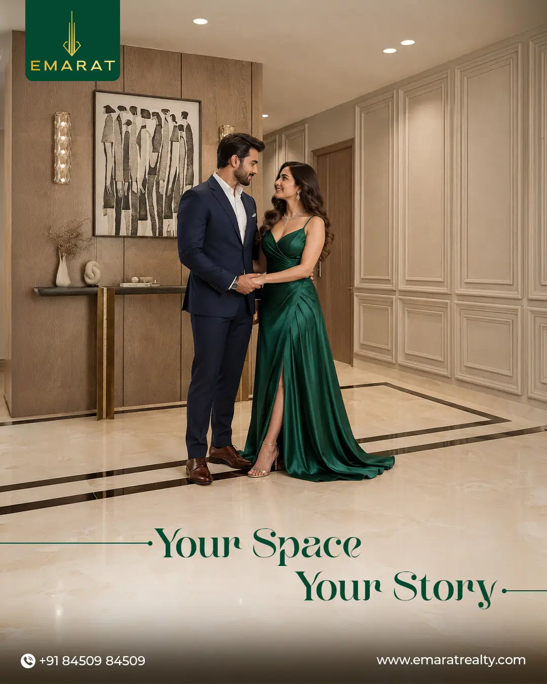 Couple in a navy suit and green satin gown holding hands in a marble hallway, headline "Your Space Your Story"