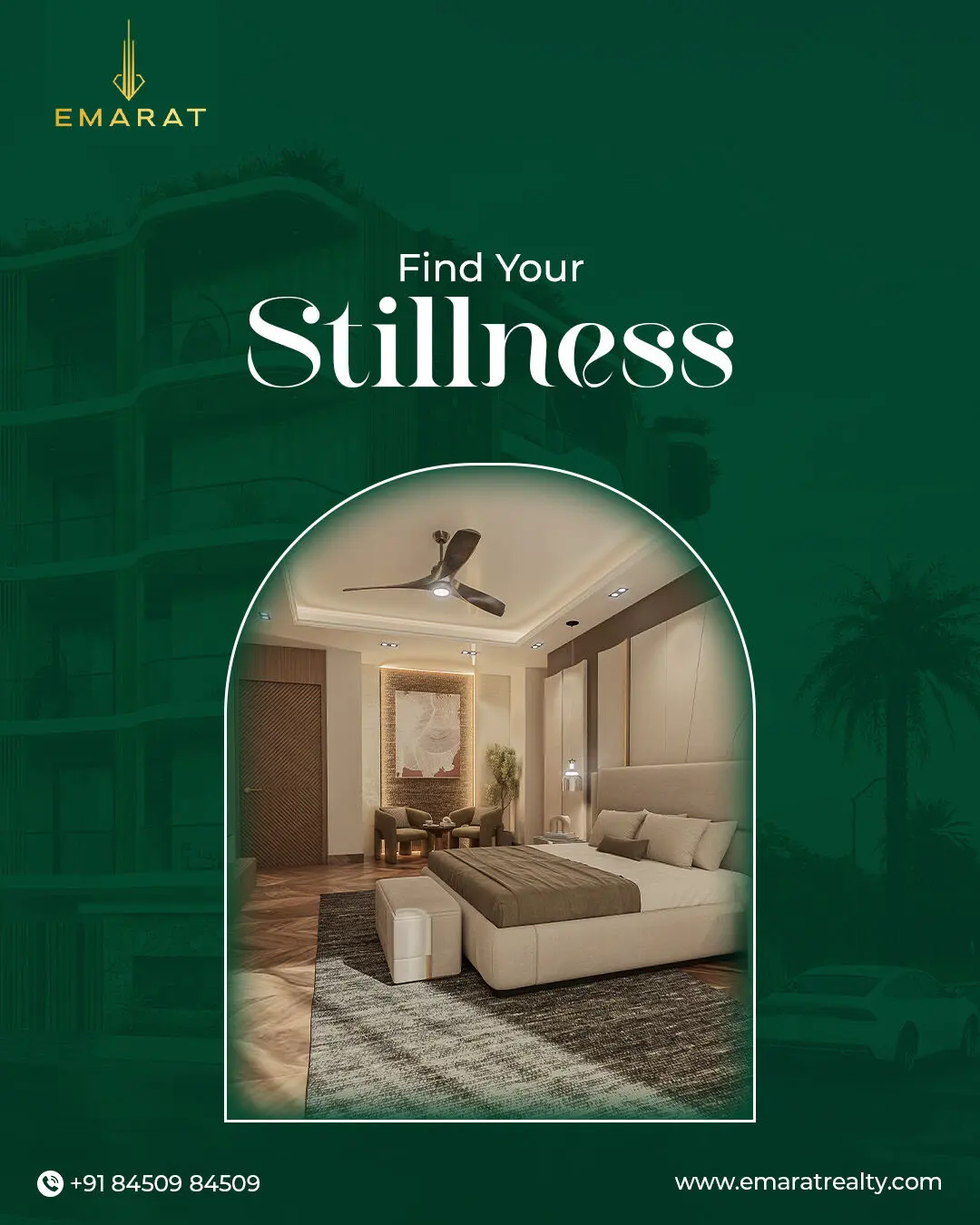 Arch-framed bedroom with a ceiling fan and large bed on a green background, headline "Find Your Stillness"