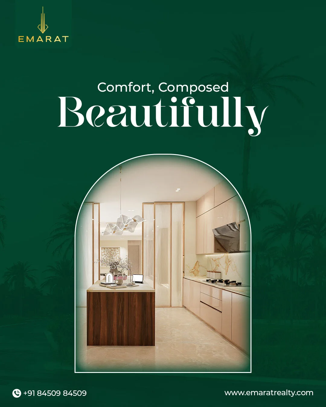 Arch-framed kitchen with a wooden island and pale cabinets on a green background, headline "Comfort, Composed Beautifully"