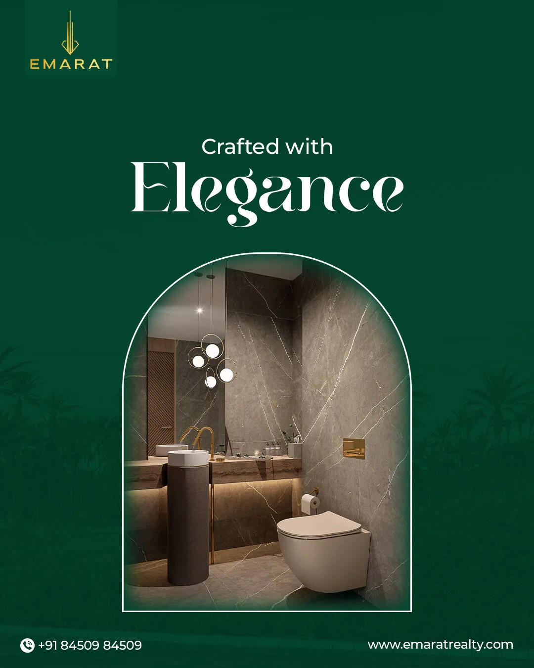 Arch-framed bathroom with marble walls, a freestanding basin and brass tap on green, headline "Crafted with Elegance"