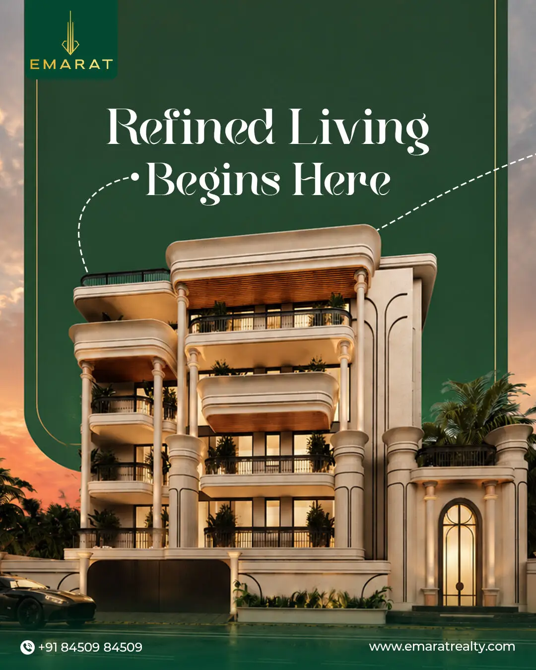 Ornate cream apartment building with columns and lit balconies at dusk, headline "Refined Living Begins Here"