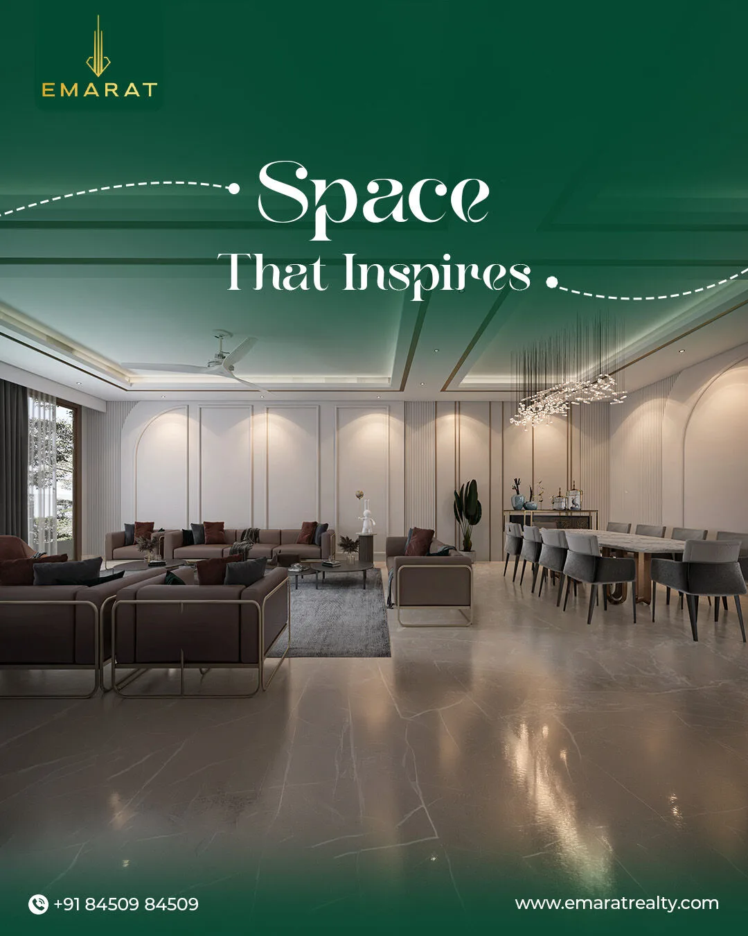 Large living and dining room with marble floors, brown sofas and a long table, headline "Space That Inspires"