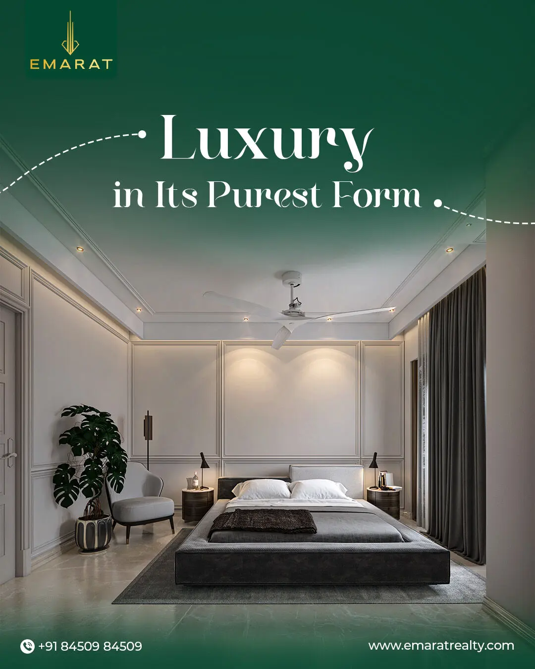 Minimal bedroom with a low grey bed, white ceiling fan and monstera plant, headline "Luxury in Its Purest Form"