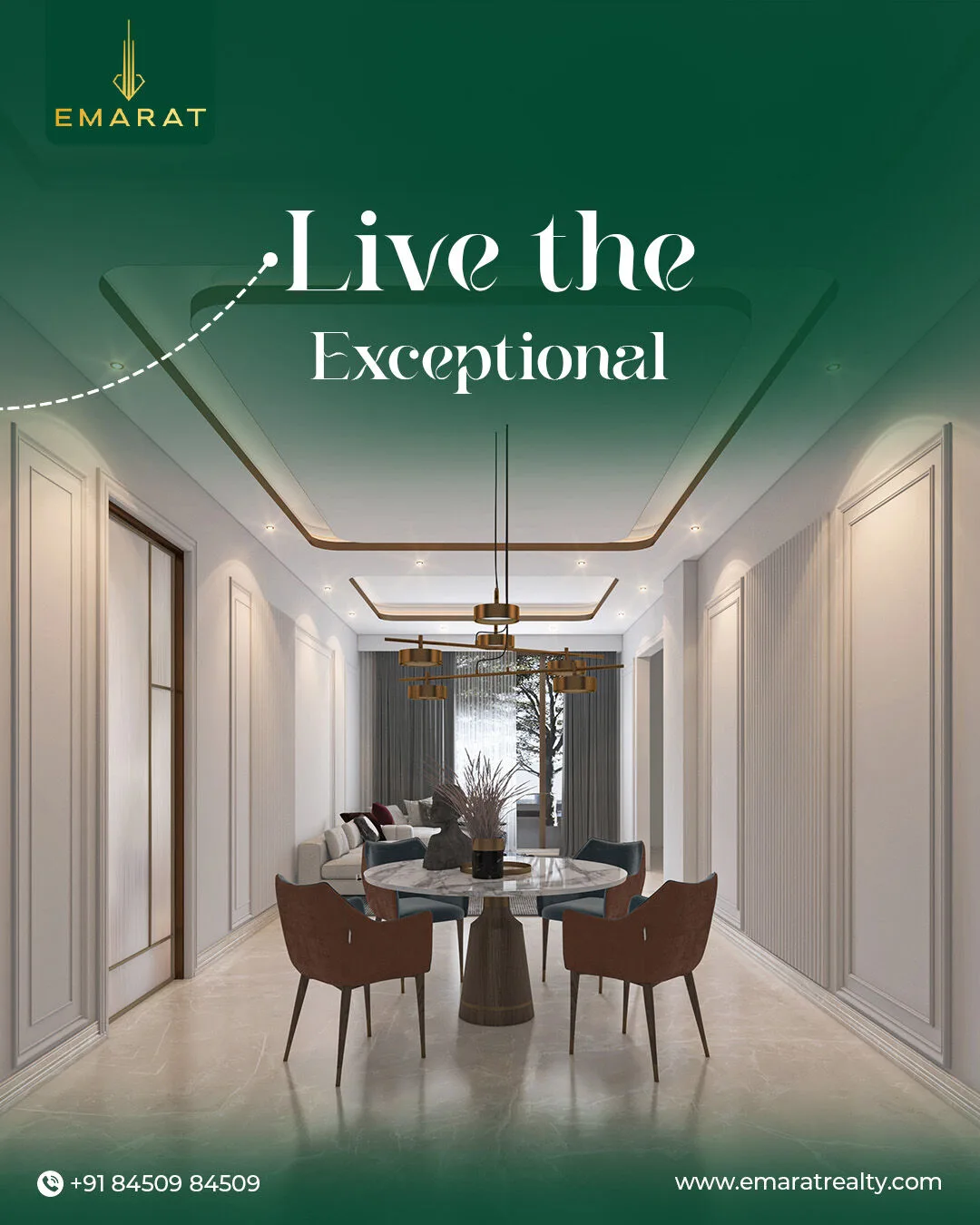 Dining room with a round marble table, rust chairs and a brass chandelier, headline "Live the Exceptional"