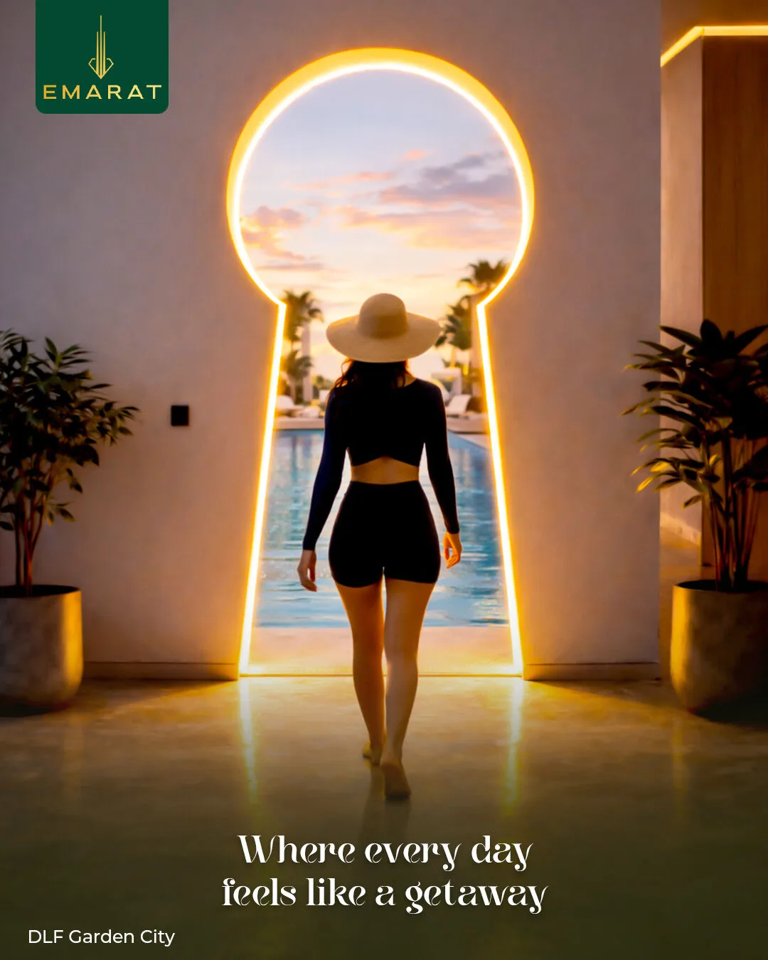 Woman in a sun hat walking through a glowing keyhole doorway toward a pool, "Where every day feels like a getaway"