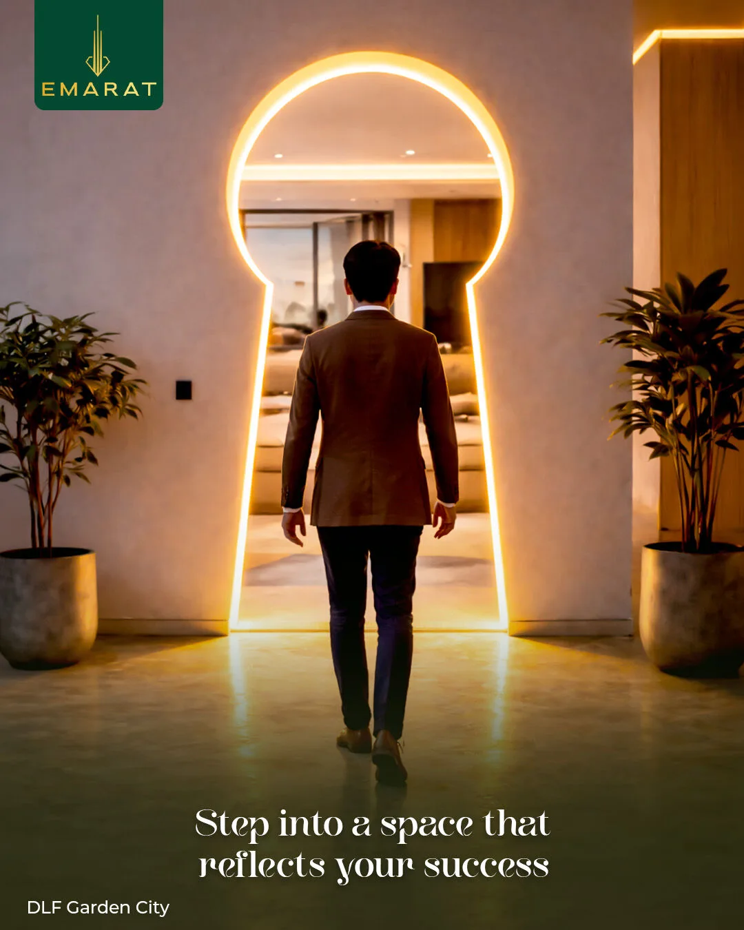 Man in a blazer walking through a glowing keyhole doorway, "Step into a space that reflects your success"