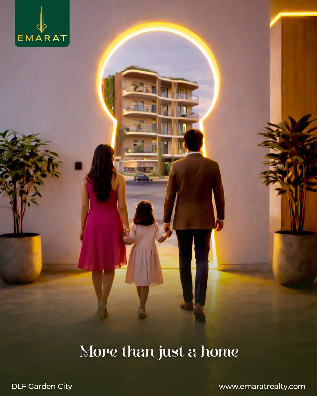 Family holding hands before a glowing keyhole doorway framing an apartment building, "More than just a home"