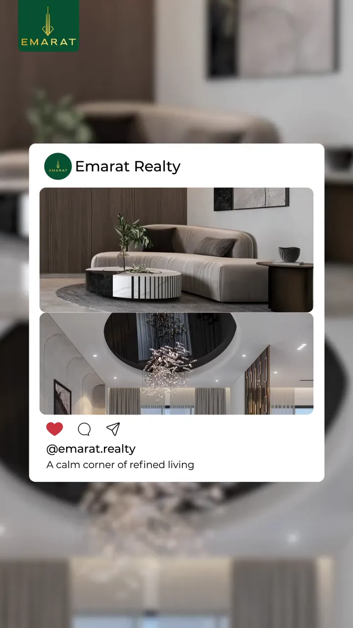 Reel poster: Instagram-style post card for Emarat Realty showing two interiors, captioned "A calm corner of refined living"