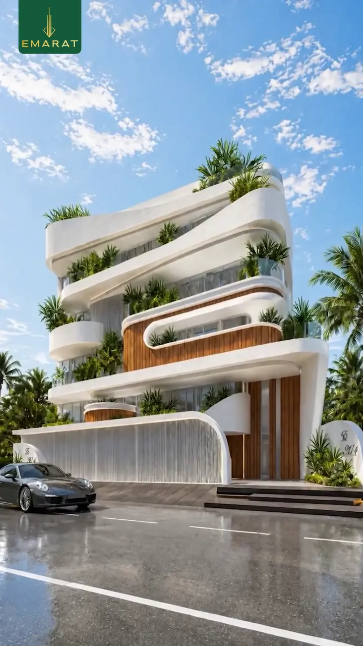 Reel poster: curved white apartment building with rooftop palms and timber panels under a blue sky, grey car out front