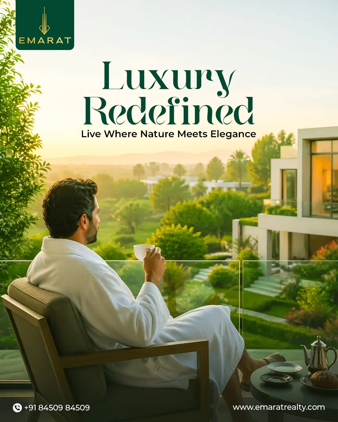 Man in a white robe holding a teacup on a garden-view balcony at sunrise, headline "Luxury Redefined"